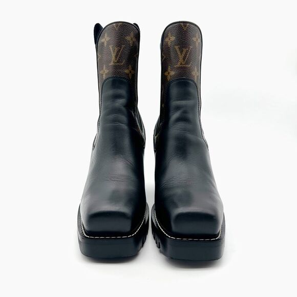 LOUIS VUITTON Limitless Chelsea Boot Size 37 US 7 Black Calfskin Monogram Heel - Picture 7 of 12